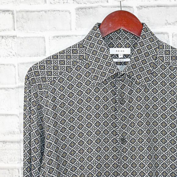 REISS Men's Button up Tatten Shirt Geo Print viscose size Medium slim fit - Picture 5 of 7